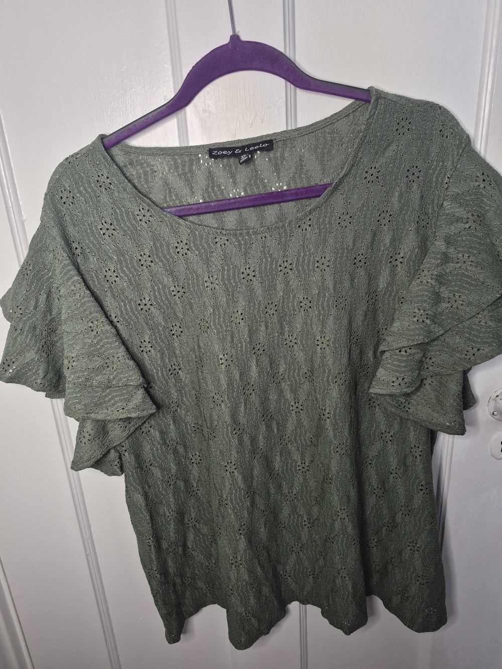 Olive Eyelet Ruffle Sleeve Blouse 2X